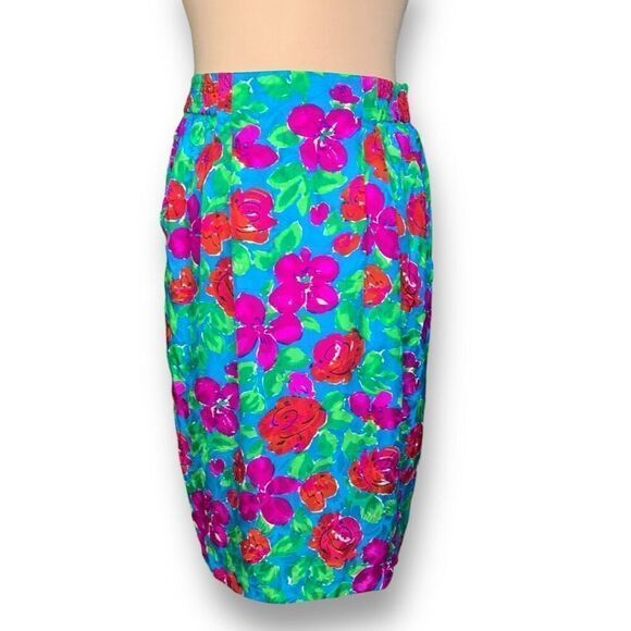 Vintage Adrianna Papell Skirt Multicolored Blue Flower Detail Silk Secretary - Picture 3 of 8